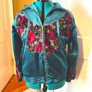 Vintage Teal Green Floral & Silk Bomber Jacket